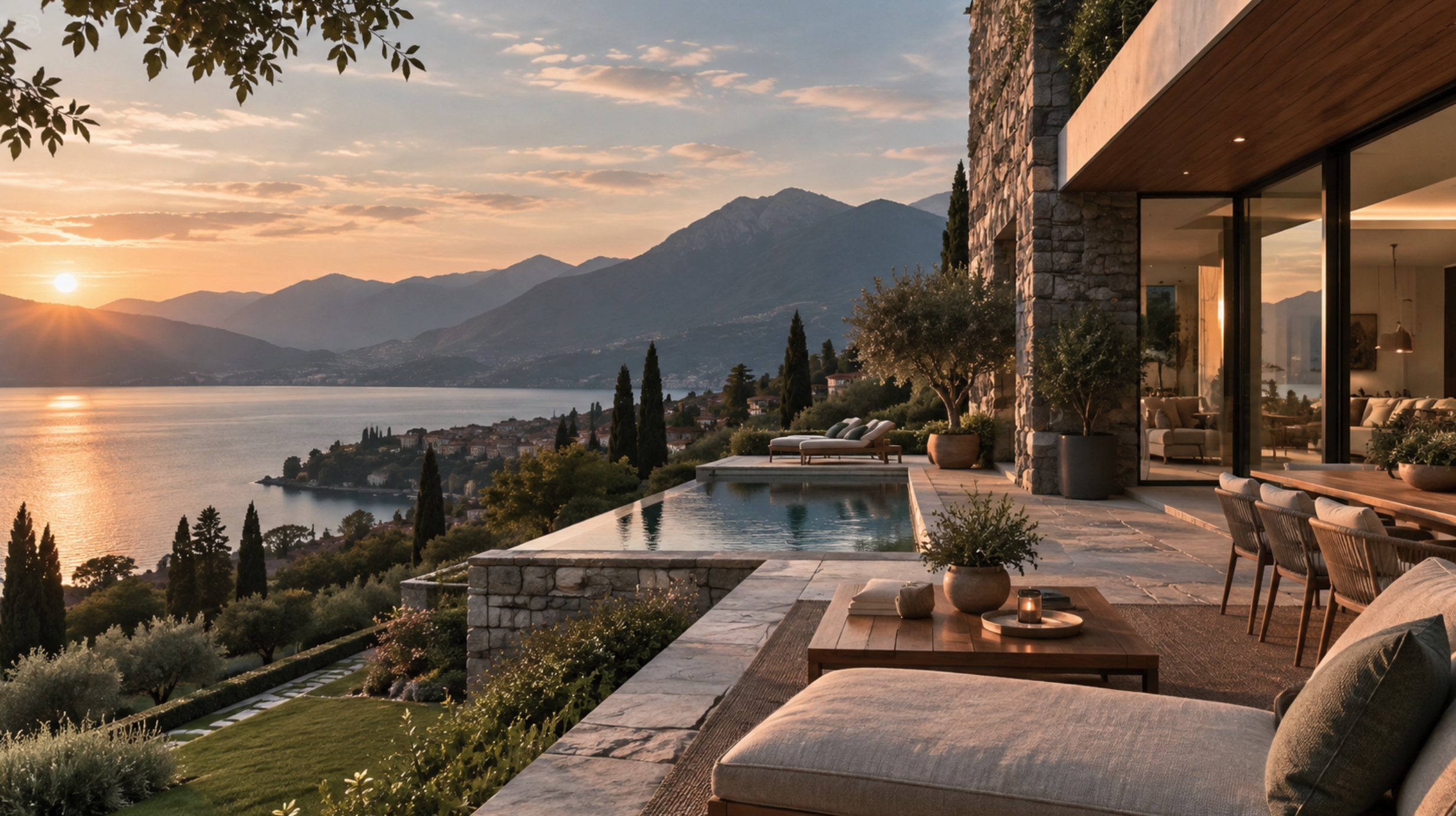 Villa contemporanea affacciata su un lago italiano durante l’ora dorata