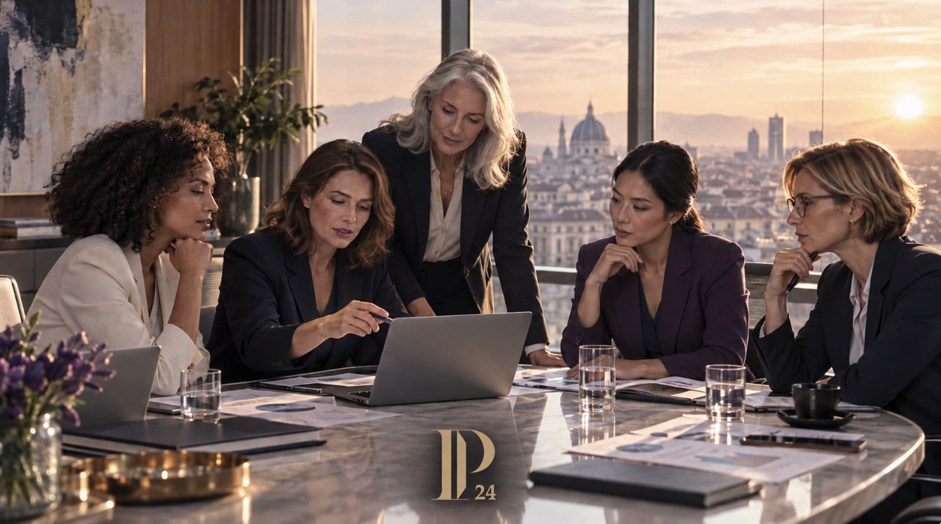 Donne manager di età e provenienze diverse riunite in una sala direzionale durante una decisione strategica